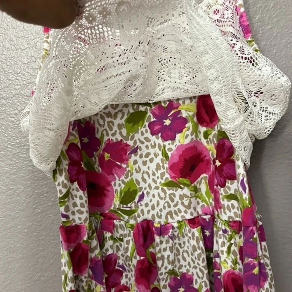 The Children’s Place Lace Top Floral Dress Spaghetti Strap Animal Print 10/12 L